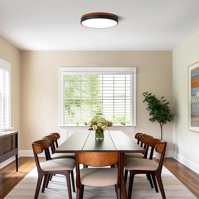 LED Dimmable Flush Mount Ceiling Light, Black and Wood, 5CCT in One, Minimalist Round Ceiling Lamp for Kitchen, Bedroom, Hallway, Living Room, 15.7 Inch