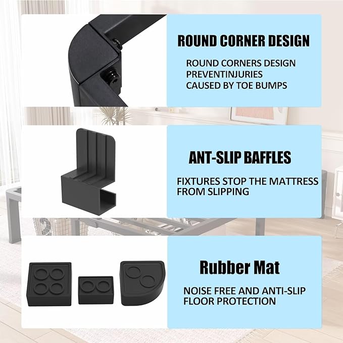 FUIOBYVV 14 Inch Twin Bed Frame with Rounded Corner and Headboard Hole Mattress Retainers 3500 LBS Metal Heavy Duty Steel Slats Support No Box Spring Needed Platform Noise Free Easy Assembly