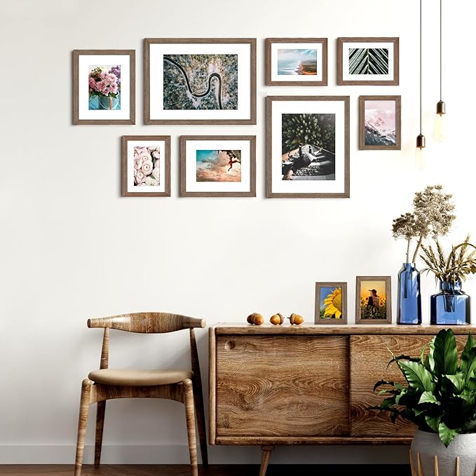 KINLINK 6x8 Picture Frame Rustic Brown, Solid Wood Frames with Acrylic Plexiglass for Pictures 4x6 with Mat or 6x8 without Mat, Tabletop and Wall Display Photo Frame, Set of 4