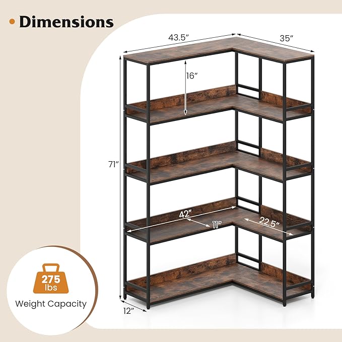 Tangkula Large Corner Bookshelf, 90 Degrees 5-Tier Industrial Wood Open Corner Bookcase for Small Spaces, Heavy-Duty Metal Frame, 71”H L-Shaped Storage Display Rack for Living Room (Rustic Brown)