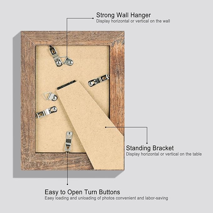 5x7 Picture Frame Set of 4, High Definition Real Glass Rustic Brown Frame, 5 x 7 Photo Frames for Tabletop Display and Wall Mounting
