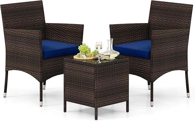 Tangkula 3 Pieces Patio Rattan Furniture Set, Outdoor Conversation Set with PE Wicker Armchairs, Tempered Glass Top Coffee Table, Soft Removable Cushions, for Porch Garden Yard Balcony (Navy)