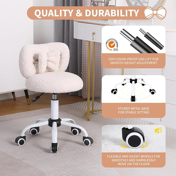 Kids' Desk Chair with Bow Design, Cute Upholstered Swivel Chair with Wheels and Adjustable Height, Small Comfy Armless Chair for Girls/Children (Cream)