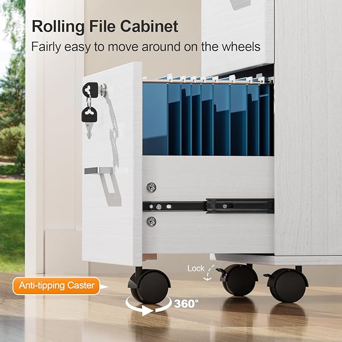 VINGLI 3-Drawer File Cabinet with Lock, Wood Rolling Filing Cabinets for Home Office, Mobile Printer Stand, Under Desk File Organizer for Letter Sized Files, 26" H(Caster Included), White