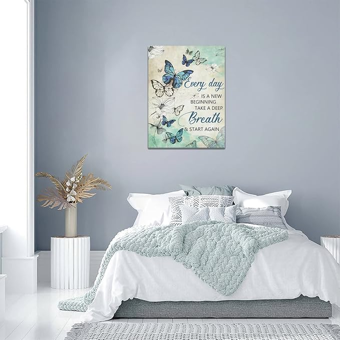 Teal Butterfly Floral Wall Decor - Farmhouse Butterfly Pictures Inspirational Quotes Canvas Prints Artwork Painting Modern Home Decorations For Bathroom Girls Bedroom Living Room