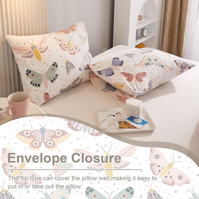 Ivellow Queen Duvet Cover Set 100% Cotton Butterfly White Duvet Cover for Kids Cute Bedding Set 3Pcs Ultra Soft Breathable Kids Duvet Cover Patterned Cartoon Comforter Cover Boys Girls Toddler Teen