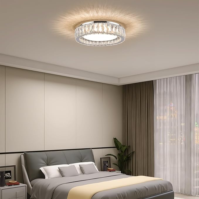 15 Inch Modern Chrome Crystal Flush Mount Chandelier,Dimmable LED 5CCT 3000K-6000K 36W,Large Round Luxury Close to Ceiling Light Fixtures for Living Room,Bedroom,Kitchen,Dining Room