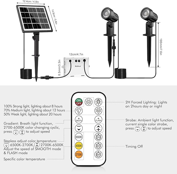 MEIHUA Solar Spotlights Outdoor 2 in 1, Solar Powered Landscape Spotlights 2700K/4000K/6500K, 3 Brightness with Remote Control, IP66 Waterproof Solar Spot Lights Outdoor for Garden Pathway