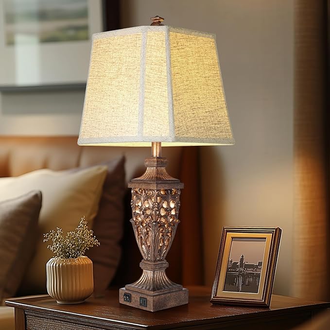 28.5" Vintage Bronze Table Lamps Set Of 2 with Night Light,Lamps for Nightstand with Beige Linen Cut Corner Shade,Bedside Lamp with USB A+C Ports for Bedrooms,Living Room,Office,Hotel(Bulb Included)