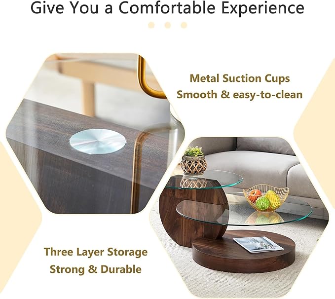 Glass Coffee Table, Modern Round Glass Coffee Table with Wooden Base, 3 Tier Round Coffee Table, Clear Cocktail Table with Storage for Living Room, Office, Balcony, Walnut