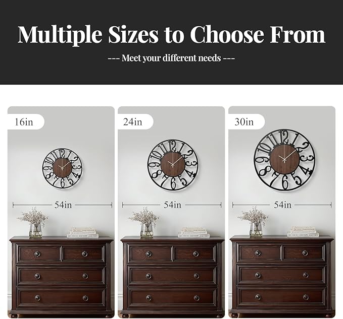 16 inch Wall Clock Battery Operated, Modern Round Big Wood Decorative Metal Wall Clock for Living Room, Non Ticking Silent Black Clocks, Bedroom, Kitchen, Farmhouse, Office Decor-Arabic Numerals