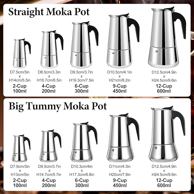 4 Cup Moka Pot Percolator Italian Coffee Maker 200ml Stovetop Espresso Mocha Stainless Steel Greca Coffee Maker Classic Cafe Makers Suitable for Induction Cookers Ceramic Stoves Straight