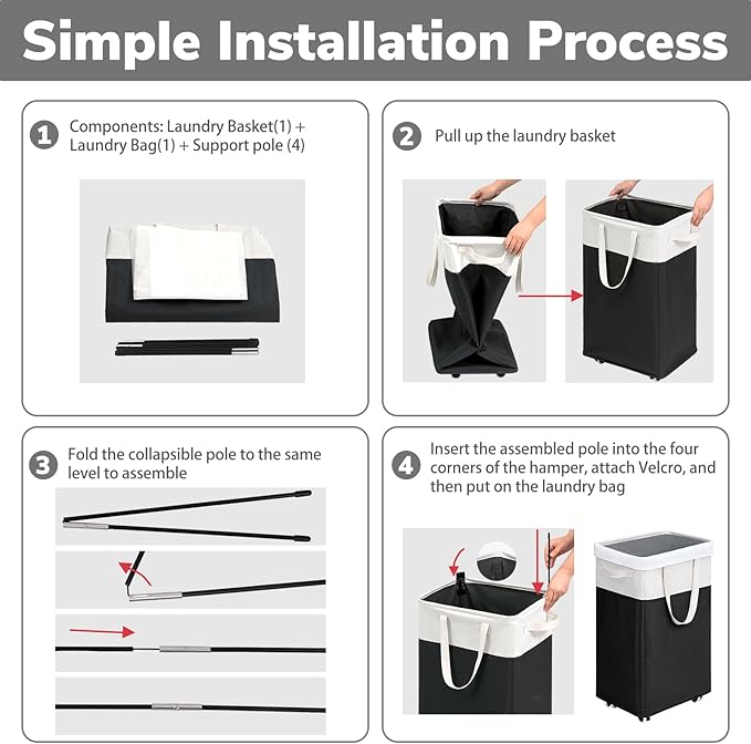 Goodpick Rolling Laundry Hamper with Wheels 75L, Black Laundry Hamper for Dirty Clothes, Collapsible Laundry Basket with Removable Wash, Black Laundry Basket with Wheels