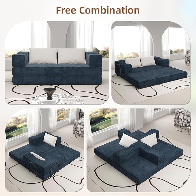 Rovibek 80-Inch 4-in-1 Boneless Sofa Bed – Corduroy Convertible Loveseat Sleeper, Fixed-Shape Frame, No Assembly Required, Space-Saving Pull-Out Futon for Living Room & Bedroom, Blue