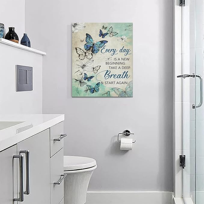 Farmhouse Floral Wall Decor - Teal Butterfly Canvas Prints with Inspirational Quotes - Modern Home Decorations for Bathroom, Girls Bedroom, Living Room