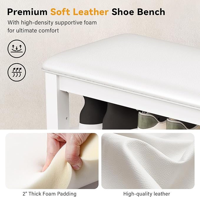 Entryway Shoe Storage Bench with Leather Cushion, Shoe Organizer Bench for Entryway, Ideal for Hallways Front Doors Entrances Mudrooms Featuring Rubberwood And 3 Height-Adjustable & Removable Shelve
