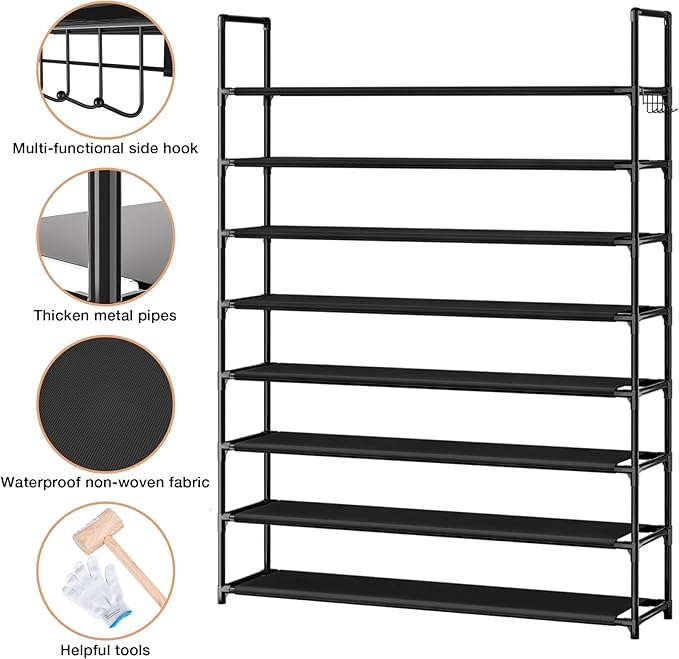 8 Tier Shoe Organizer, 33.3in Wide x 11.2in Deep x 55.7in Tall, Black Metal and Plastic Shoe Rack, Holds up to 32-40 Pairs of Shoes