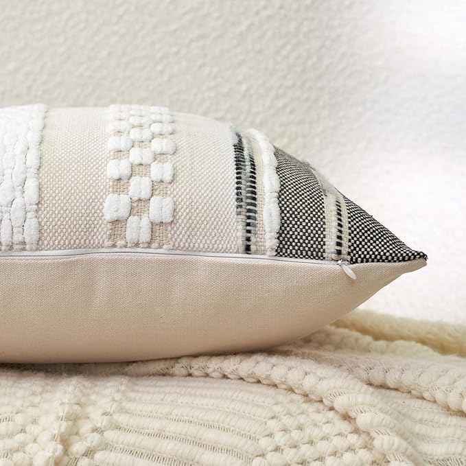 Aeckself Boho Throw Pillow Covers 18x18 Inch Set of 2, Farmhouse Decorative Striped Square Pillow Covers Chenille Tufted Pillow Cases Accent Neutral Pillowcase for Living Room Couch Bed, Gray