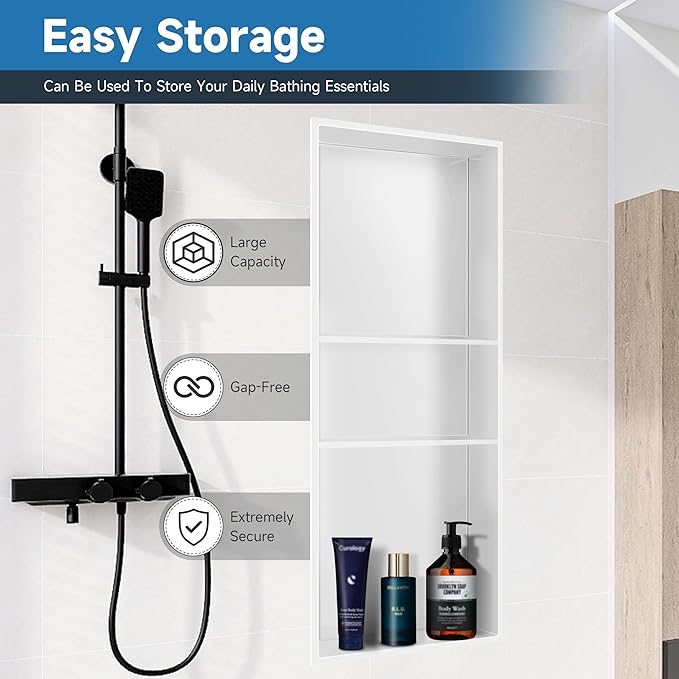 12" X 30" Shower Niche Insert Tile Ready, Niche for Shower Wall, 3-Tier Stainless Steel Recessed Shelves No Tile Needed for Bathroom Storage, White