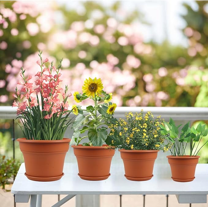 13 Inch Plastic-Flower-Pot-for-Indoor-Plants, 4 Pack Large Outdoor Planter Pot with Drainage Holes & Saucers, Resin Decorative Garden Pots Planters