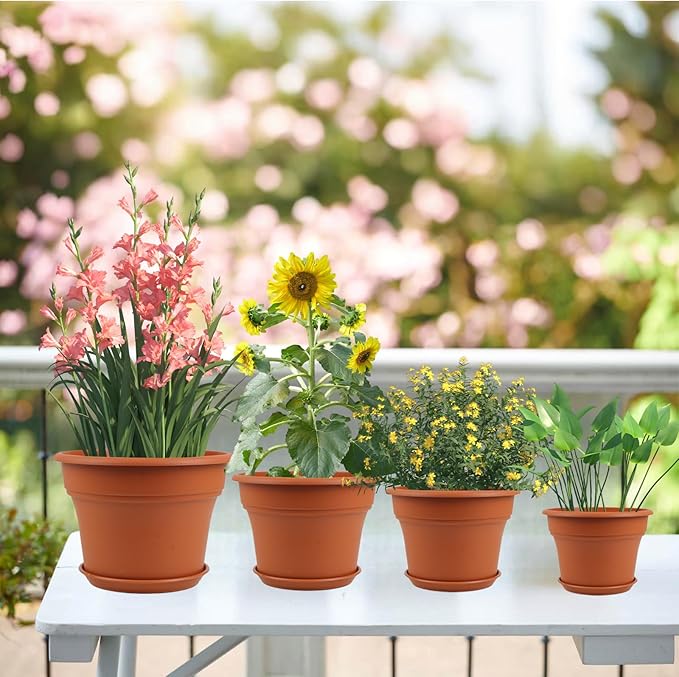 8 Inch Plastic-Flower Pot-for-Indoor Plants, 4 Pack Large Outdoor Planter Pot with Drainage Holes & Saucers, Resin Decorative Garden Pots Planters