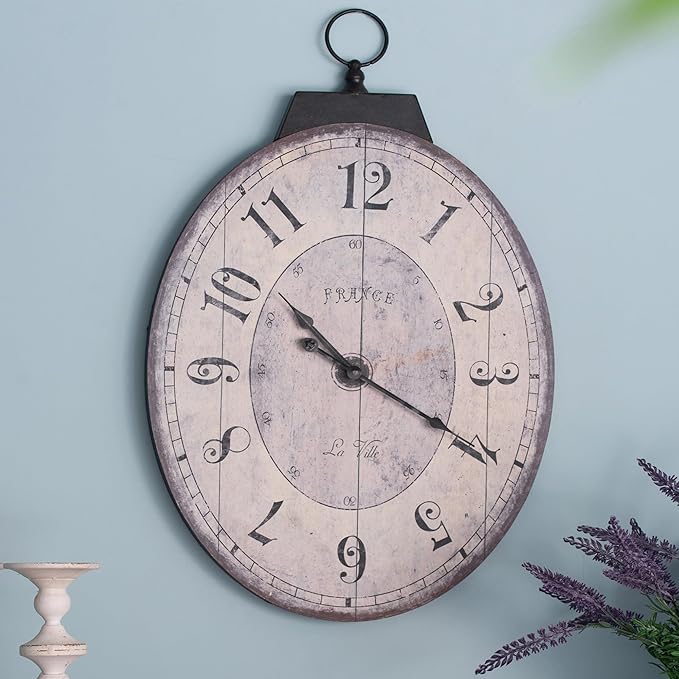 18" x 29" Rustic Farmhouse Oval Wall Clock, Solid Wood Silent Non-Ticking, Battery Operated Decorative Clock for Living Room, Kitchen, Bedroom, Office and Home Decor