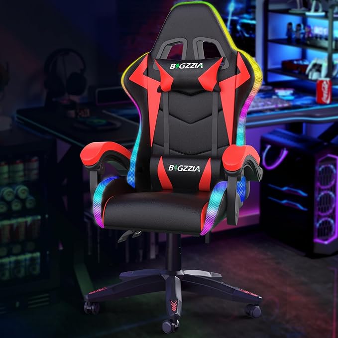 Bigzzia Gaming Chair with RGB LED Lights, High Back Ergonomic Computer Gamer Chair with Headrest and Lumbar Support, Racing Style Reclining Game Chair for Adults, Kids(Black/Red)