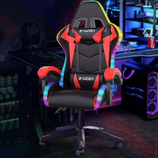 Bigzzia Gaming Chair with RGB LED Lights, High Back Ergonomic Computer Gamer Chair with Headrest and Lumbar Support, Racing Style Reclining Game Chair for Adults, Kids(Black/Red)
