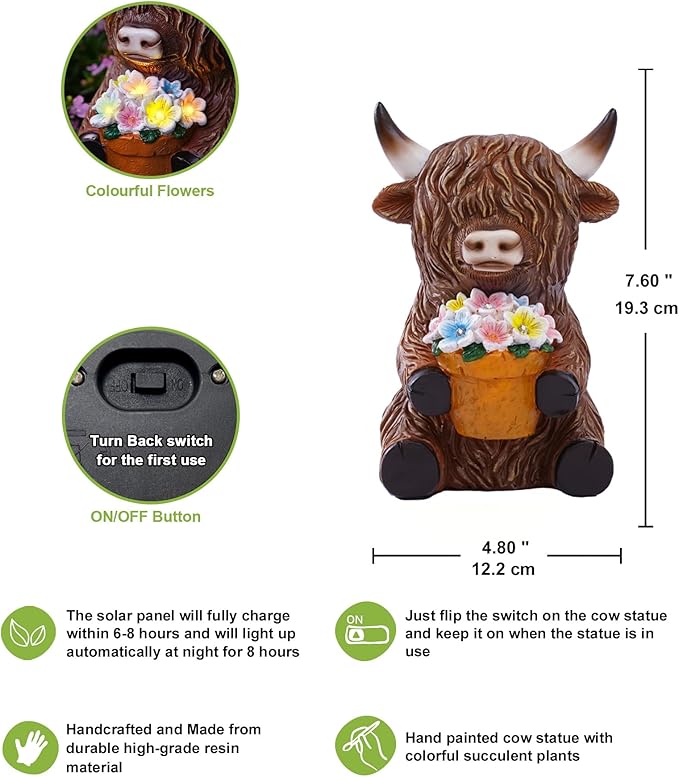 Nacome Solar Garden Highland Cow Holding Succulent Planter with LED Lights Outdoor Decor for Outside Yard Patio Balcony Porch Decorations - Birthday Gifts Mom Grandma Women(Brown)