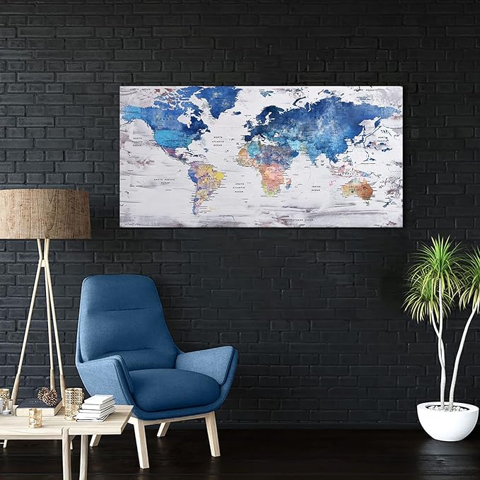Pogusmavi-World Map Wall Art-Modern Art Wall Decor-Framed Artwork For Walls-Canvas Art For Office-Paintings For Decorations-Large Pictures For Living Room 24x48