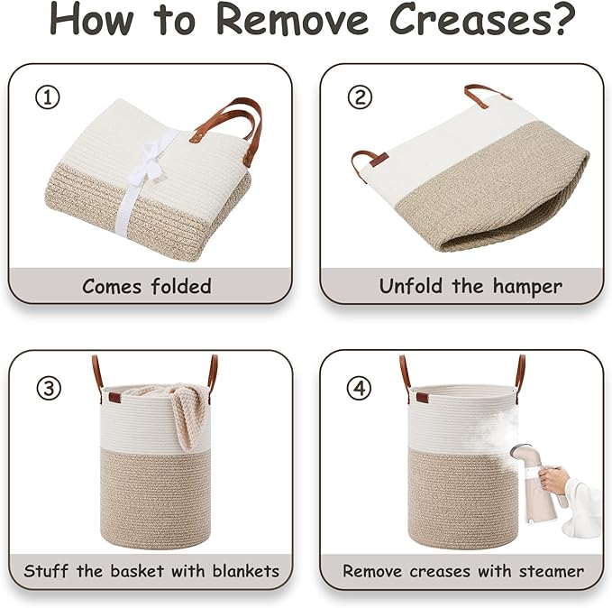 VIPOSCO Tall Laundry Basket, Large Dirty Clothes Hamper with Leather Handle, Woven Rope Storage Basket for Blanket, Toy In Living Room, Bathroom, Bedroom - 58L White & Brown