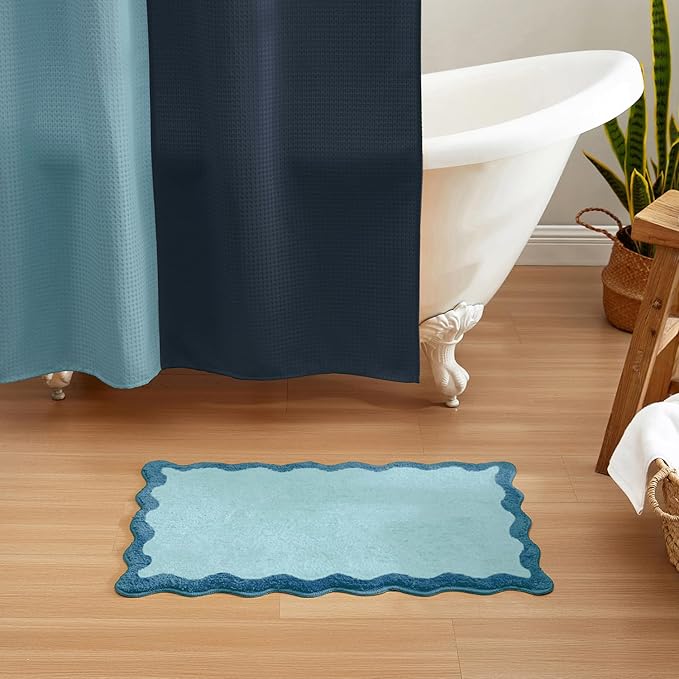 MONDAY MOOSE Bath Mat with Scalloped Wavy Ripple Design, Microfiber Absorbent Non Slip Tufted Rug for Floor, Shower or Kitchen (16x24 inch, Blue)