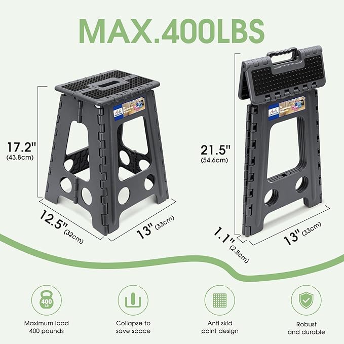 ACKO Folding Step Stool Foldable 17.5 Inch Stools for Adults and Kids,Plastic Stools Tall 400 lbs Capacity, Collapsible Stool for Kitchen, Stepping Foot Stool with Handle, Dot Grey,1 PC