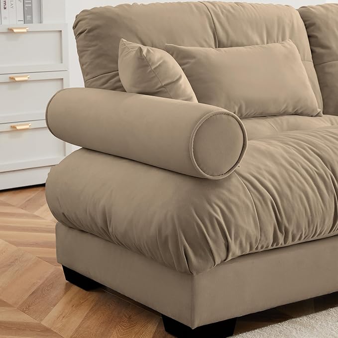 Ball & Cast 166" U Shaped Couch Sectional Couch,4 Seater Modular Couchs with Round Bolster Armrest,6 Pillows,Waist Pillows,Modern Corner Sofa w/ 2 Removable Ottomans,for Living Room,Camel