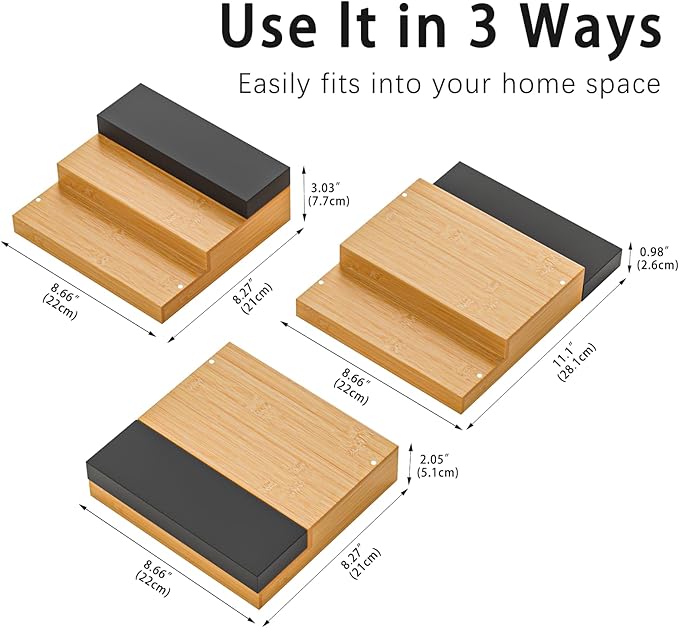 Spice Rack, Bamboo Spice Rack Kitchen Cabinet Organizer Expandable - Bamboo 3 Tier Figurine Display Shelf, Adjustable Magnetic 3 Tier Spice Racks, Brown & Black Combination