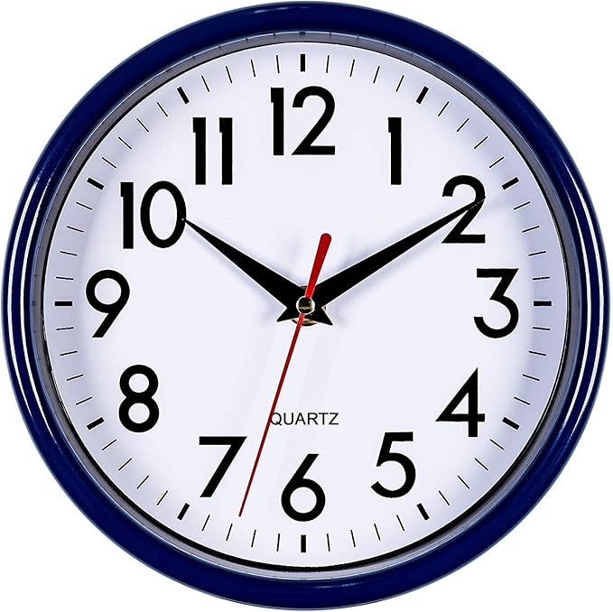 Bernhard Products Navy Blue Wall Clock 8" Silent Non-Ticking Quality Quartz Battery Operated Small Clock for Boys/Kitchen/Classroom/Office/Nursery Room Easy to Read