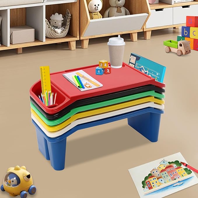 6 Pack Kids Lap Desk Tray with Storage Slots, Stackable Portable Lap Tray - Multicolor Kids Plastic Table, Activity Trays, Laptop Desk for Bed, Nursery, Reading, Doing Homework, 19.7x9.8x7.1''