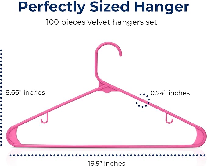 SereneLife 100-Pack Plastic Clothes Hangers – Slim, Non-Slip, Heavy Duty Shirt & Coat Hangers with 360° Swivel Hooks – Lightweight Space-Saving Design for Closet Organization – Pink