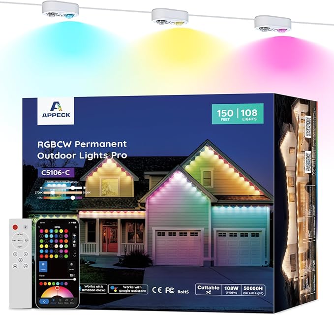 APPECK Permanent Outdoor Lights Pro 150ft, 108W RGBCW Eaves Lights with 108 LED Lights, 80lm, Cuttable, 111 Scene Modes, IP67 Waterproof Lighting for Christmas Decoration, Work with Alexa, White