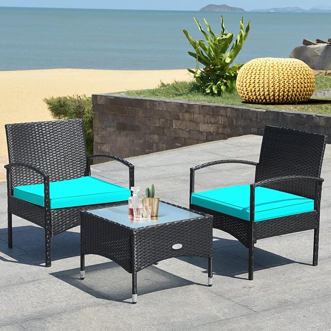 COSTWAY 3 PCS Patio Wicker Conversation Set, PE Rattan Sofa with Tempered Glass Coffee Table, 2 Chairs, 2 Cushions, Outdoor Patio Furniture Set for Yard Porch Bistro Balcony Backyard Pool, Turquoise