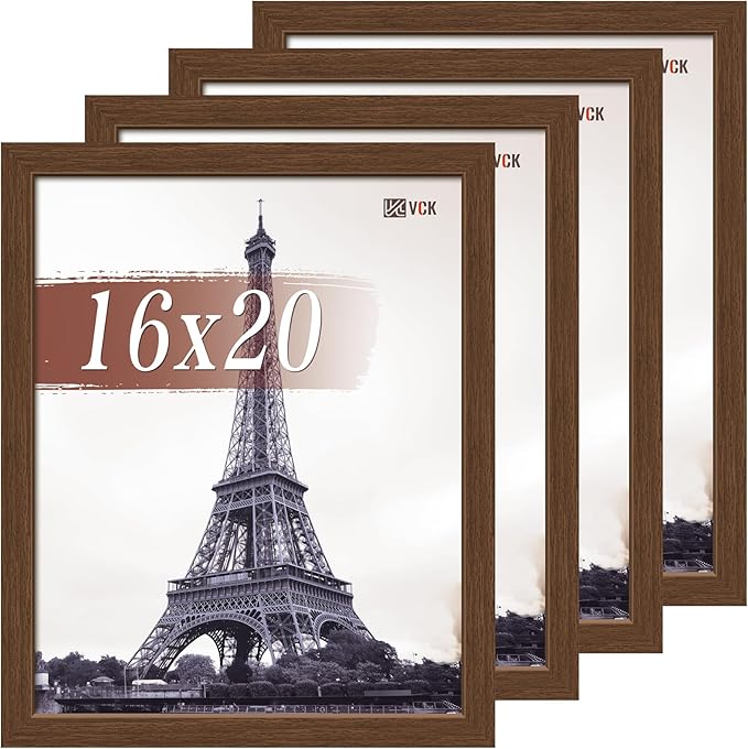 VCK 16x20 Picture Frame Set of 4 - Brown, Gallery-Quality Wood Poster Frames, 1.1-Inch Wide Border, Polished Plexiglass, Vertical or Horizontal Wall Display for Photo/Art/Prints, Brown
