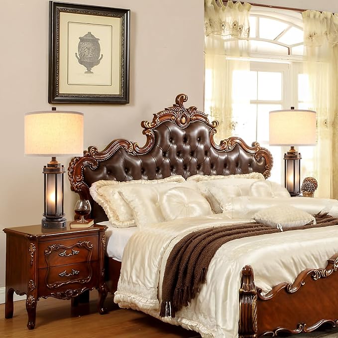 Set of 2 Farmhouse Lamps for Living Room, Rustic Vintage Bedroom Nightstand Table Lamp with 2 USB Charging Ports, Built-In Frosted Glass Night Light for End Table Entryway, 4 Bulbs Included (Bronze)