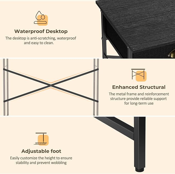 Black Writing Desk for Kids Bedroom, 31.5 Inch Small Computer Desk for Small Spaces, Simple Desk with 2 Fabric Drawers for Home Office, Dorm, Living Room, Home Study Table, Black