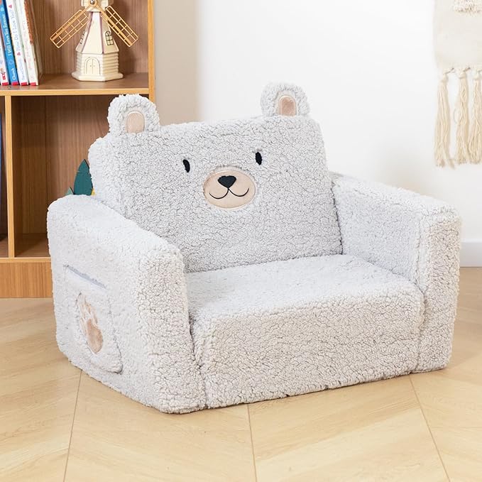 ALIMORDEN Fold Out Toddler Couch, Comfy 2-in-1 Cuddly Sherpa Bear Chair for Kids, Convertible Sofa to Lounger, Kids Cozy Corner Play Couch for Boys and Girls, Gary