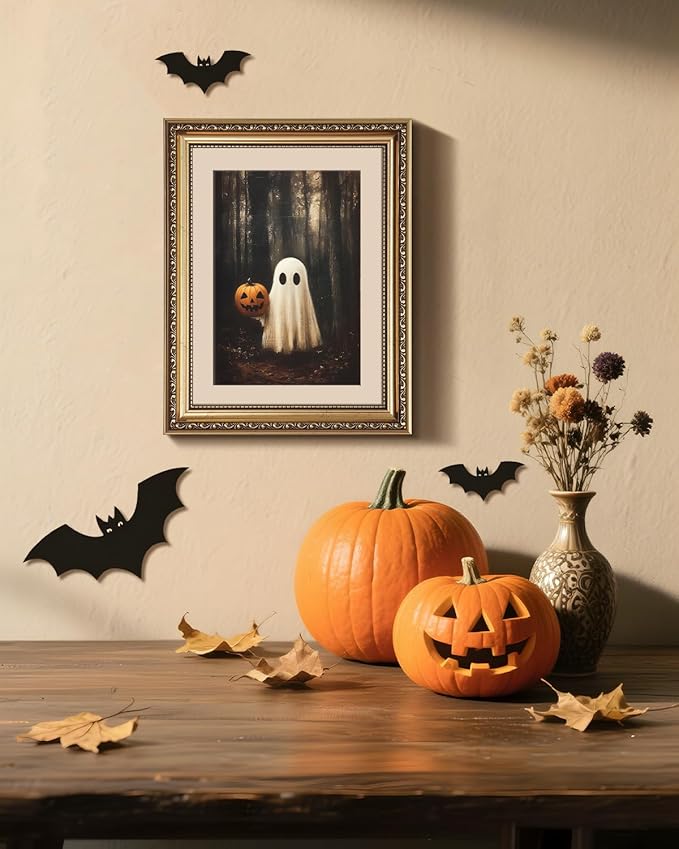 VIYYIEA Vintage Gold Framed Wall Art for Living Room, Ghost & Pumpkin Head Artwork Prints Decor, Halloween Wall Decor, Gallery Picture Painting, for Bedroom Bathroom Kitchen 14L x 11W