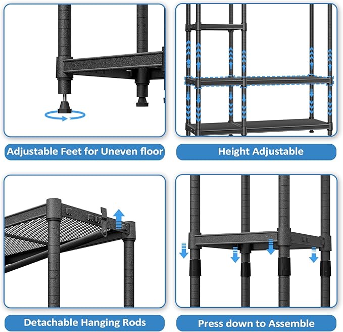 IZEUK Heavy Duty Garment Rack, Closet Organizer and Clothes Rack for Hanging Clothes with 1 Hang Rods, Freestanding Adjustable Metal Wardrobe, 15.4" D x 35" W x 71.5" H, Max Load 1000LBS, Black