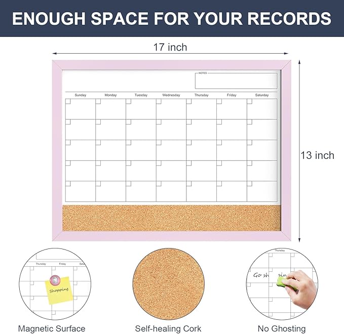 Dry Erase Calendar Cork Board Combo, 17x13 Inches Calendar Whiteboard for Wall, Small Magnetic White Board with Pink Wood Framed, Dry Erase Board for Planner Office Kitchen Home Memo