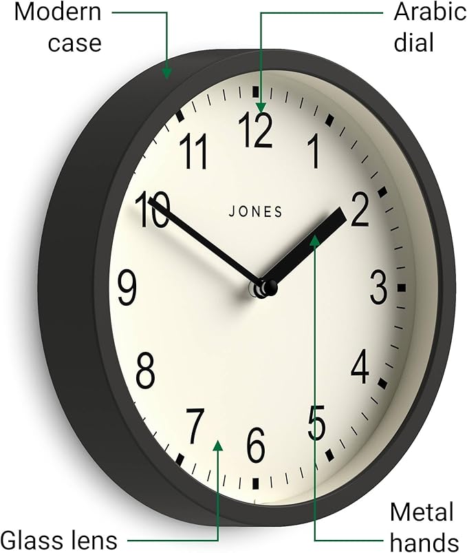 JONES CLOCKS® Spin Wall Clock | Small Modern Round Clock | 20cm | Dark Gray | Easy to Read Numbers | Ideal for Kitchen, Office, Children’s Room or Any Small Space