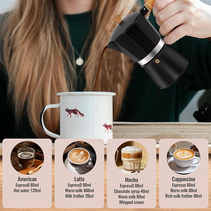 3 Cup Aluminum Moka Pot Classic Stovetop Espresso Coffee Maker 150ml 5oz Coffeemaker Percolator Mocha Pot Greca Coffee Maker Cafe Makers for Italian and Cuban Café Brewing Black