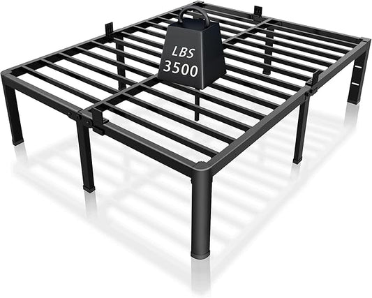 ROIL 14 inch Metal Queen Bed Frame with Rounded Corner and Headboard Hole Mattress Retainers 3500LBS Heavy Duty Steel Slats No Box Spring Needed Platform Noise-Free Easy Assembly